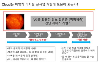 Cloud는 어떻게 디지털 신사업 개발에 도움이 되는가?
서버 주문
(3달)
시스템 설치
(2주)
시스템 테스트
(2주)
지속적인
애플리케이션
업그레이드
• 투자 금액이 왜 이렇게 비싸?
• 빨라야 4달 걸리네… 좀 더 빨리 올 수는 없나?
• 서버를 왜 이렇게 많이 산거야?
• 어.. 서버가 모자라네.. 왜 빨리 안와??
• 4차 산업 혁명 시대에 이렇게
일일히 수작업으로 분류하고 해야
하나?
• 좀 더 편하게 효율적으로 할 수는
없을까??
“클라우드 컴퓨팅＂ “머신 러닝”
“AI를 활용한 당뇨 합병증 (막망병증)
진단 서비스 개발＂
 
