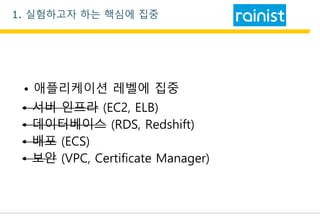 • 서버 인프라 (EC2, ELB)
• 보안• 보안 (VPC, Certificate Manager)
1. 실험하고자 하는 핵심에 집중
• 서버 인프라
• 데이터베이스• 데이터베이스 (RDS, Redshift)
• 배포• 배포 (ECS)
• 애플리케이션 레벨에 집중
 