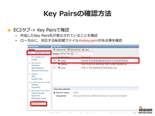 ハンズオン：Key Pairの作成・確認

作業用Key Pairを作成
•   任意の Key Pair名( 例： mykey )で作成
•   東京リージョンに作成
Key Pairs画面で確認
•   作成したKey Pairs名が表示さ...