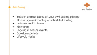 • Scale in and out based on your own scaling policies
• Manual, dynamic scaling or scheduled scaling
• Instance health checks
• Monitoring
• Logging of scaling events
• Cooldown periods
• Lifecycle hooks
Auto Scaling
Auto Scaling
 