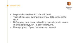 • Logically isolated section of AWS cloud
• Think of it as your own "private virtual data centre in the
cloud"
• Define your own virtual networking, subnets, route tables,
internet gateways, NATs, access lists, etc.
• Manage group of your resources as one unit
Amazon
VPC
Amazon VPC
 