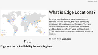 What is Edge Locations?
An edge location is where end-users access
services located at AWS, the cloud computing
division of US-headquartered Amazon. They are
located in most of the major cities around the
world and are specifically used by CloudFront
(CDN) to distribute content to end-users to reduce
latency.
To learn more Click Here
Tip
Edge location > Availability Zones > Regions
Learn With Sandip
 