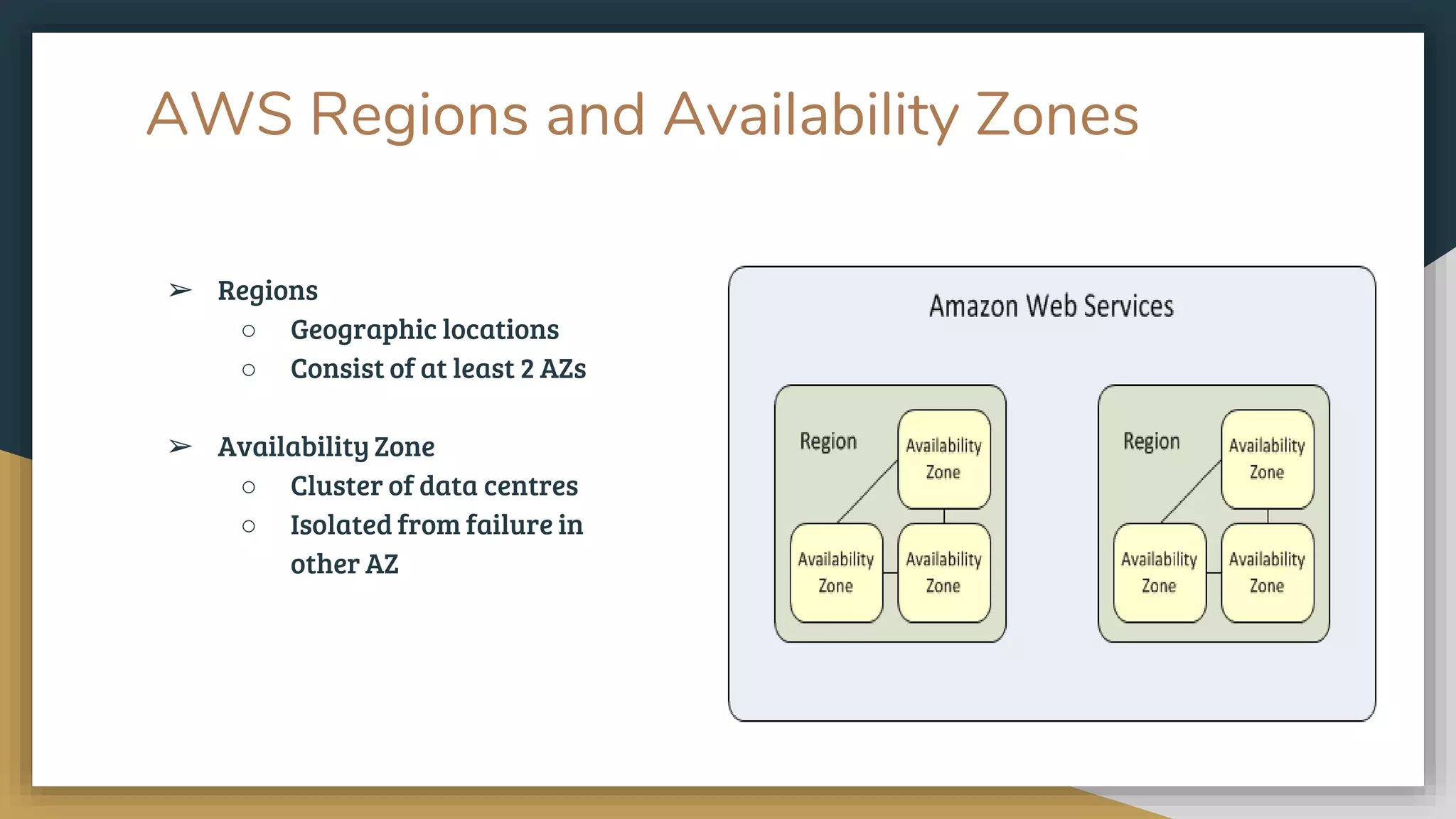 AWS Regions and Availability Zones
➢ Regions
○ Geographic locations
○ Consist of at least 2 AZs
➢ Availability Zone
○ Cluster of data centres
○ Isolated from failure in
other AZ
 