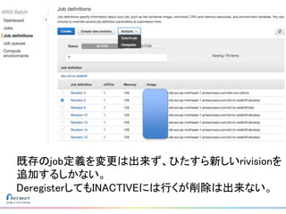 既存のjob定義を変更は出来ず、ひたすら新しいrivisionを
追加するしかない。
DeregisterしてもINACTIVEには行くが削除は出来ない。
 