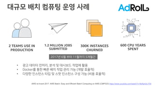 1.2 MILLION JOBS
SUBMITTED
300K INSTANCES
CHURNED
2 TEAMS USE IN
PRODUCTION
• 5 D
• , 0 2 c
• 6 0 c
600 CPU YEARS
SPENT
) ( 7 2 1
AWS re:Invent 2017: AWS Batch: Easy and Efficient Batch Computing on AWS (CMP323) https://www.youtube.com/watch?v=8dApnlJLY54
 