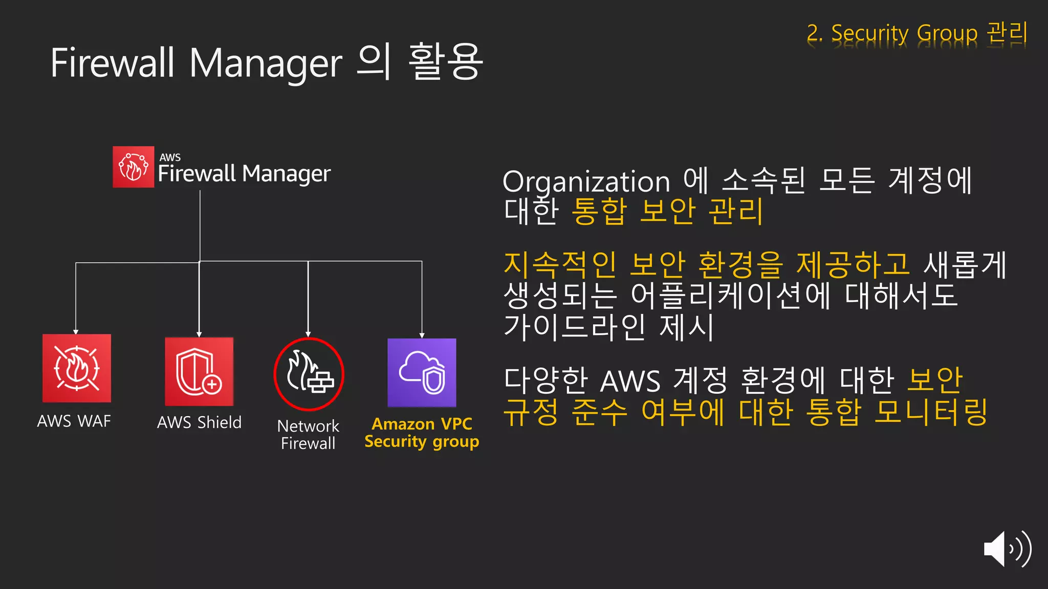 Firewall Manager 의 활용
2. Security Group 관리
Organization 에 소속된 모든 계정에
대한 통합 보안 관리
지속적인 보안 환경을 제공하고 새롭게
생성되는 어플리케이션에 대해서도
가이드라인 제시
다양한 AWS 계정 환경에 대한 보안
규정 준수 여부에 대한 통합 모니터링AWS WAF AWS Shield Amazon VPC
Security group
Network
Firewall
 