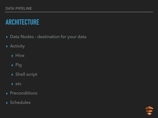 DATA PIPELINE
ARCHITECTURE
▸ Data Nodes - destination for your data
▸ Activity
▸ Hive
▸ Pig
▸ Shell script
▸ etc
▸ Preconditions
▸ Schedules
 