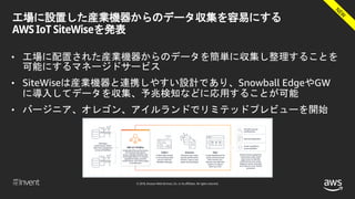 © 2018, Amazon Web Services, Inc. or its affiliates. All rights reserved.
工場に設置した産業機器からのデータ収集を容易にする
AWS IoT SiteWiseを発表
• 工場に配置された産業機器からのデータを簡単に収集し整理することを
可能にするマネージドサービス
• SiteWiseは産業機器と連携しやすい設計であり、Snowball EdgeやGW
に導入してデータを収集、予兆検知などに応用することが可能
• バージニア、オレゴン、アイルランドでリミテッドプレビューを開始
 