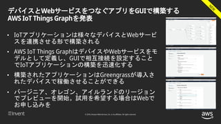© 2018, Amazon Web Services, Inc. or its affiliates. All rights reserved.
デバイスとWebサービスをつなぐアプリをGUIで構築する
AWS IoT Things Graphを発表
• IoTアプリケーションは様々なデバイスとWebサービ
スを連携させる形で構築される
• AWS IoT Things GraphはデバイスやWebサービスをモ
デルとして定義し、GUIで相互接続を設定すること
でIoTアプリケーションの構築を迅速化する
• 構築されたアプリケーションはGreengrassが導入さ
れたデバイスで稼働させることができる
• バージニア、オレゴン、アイルランドのリージョン
でプレビューを開始。試用を希望する場合はWebで
お申し込みを
 