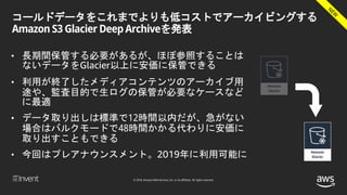 © 2018, Amazon Web Services, Inc. or its affiliates. All rights reserved.
コールドデータをこれまでよりも低コストでアーカイビングする
Amazon S3 Glacier Deep Archiveを発表
• 長期間保管する必要があるが、ほぼ参照することは
ないデータをGlacier以上に安価に保管できる
• 利用が終了したメディアコンテンツのアーカイブ用
途や、監査目的で生ログの保管が必要なケースなど
に最適
• データ取り出しは標準で12時間以内だが、急がない
場合はバルクモードで48時間かかる代わりに安価に
取り出すこともできる
• 今回はプレアナウンスメント。2019年に利用可能に
 
