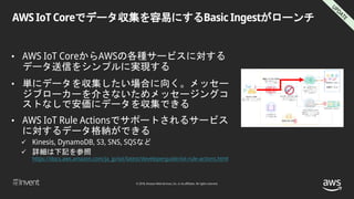© 2018, Amazon Web Services, Inc. or its affiliates. All rights reserved.
AWS IoT Coreでデータ収集を容易にするBasic Ingestがローンチ
• AWS IoT CoreからAWSの各種サービスに対する
データ送信をシンプルに実現する
• 単にデータを収集したい場合に向く。メッセー
ジブローカーを介さないためメッセージングコ
ストなしで安価にデータを収集できる
• AWS IoT Rule Actionsでサポートされるサービス
に対するデータ格納ができる
 Kinesis, DynamoDB, S3, SNS, SQSなど
 詳細は下記を参照
https://docs.aws.amazon.com/ja_jp/iot/latest/developerguide/iot-rule-actions.html
 