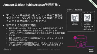 © 2018, Amazon Web Services, Inc. or its affiliates. All rights reserved.
Amazon S3 Block Public Accessが利用可能に
• アカウント単位あるいはバケット単位で有効化
することで、S3バケットを誤って公開してしま
うことを未然に防ぐことができる
• 以下のような設定が可能
 新たなバケットやオブジェクト、ACLの再設定時などにパブ
リックアクセス可能なACLを設定できないようにする
 パブリックアクセス可能なACLで付与されるアクセス権を無効
化する
 新たにパブリックアクセス可能なバケットポリシーの付与を
できないようにする
 パブリックアクセス可能なバケットポリシーをもったバケッ
トへのパブリック/クロスアカウントアクセスを拒否する
Bucket
with objects
Bucket
with objects
 