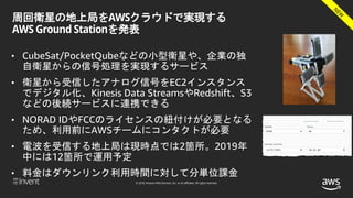 © 2018, Amazon Web Services, Inc. or its affiliates. All rights reserved.
周回衛星の地上局をAWSクラウドで実現する
AWS Ground Stationを発表
• CubeSat/PocketQubeなどの小型衛星や、企業の独
自衛星からの信号処理を実現するサービス
• 衛星から受信したアナログ信号をEC2インスタンス
でデジタル化、Kinesis Data StreamsやRedshift、S3
などの後続サービスに連携できる
• NORAD IDやFCCのライセンスの紐付けが必要となる
ため、利用前にAWSチームにコンタクトが必要
• 電波を受信する地上局は現時点では2箇所。2019年
中には12箇所で運用予定
• 料金はダウンリンク利用時間に対して分単位課金
 