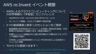 © 2020, Amazon Web Services, Inc. or its affiliates. All rights reserved.
AWS re:Invent イベント概要
• AWSによるクラウドコンピューティングについて
の...