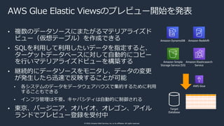 © 2020, Amazon Web Services, Inc. or its affiliates. All rights reserved.
AWS Glue Elastic Viewsのプレビュー開始を発表
• 複数のデータソースにまた...