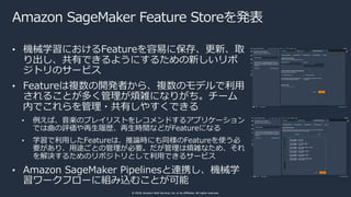 © 2020, Amazon Web Services, Inc. or its affiliates. All rights reserved.
Amazon SageMaker Feature Storeを発表
• 機械学習におけるFeat...