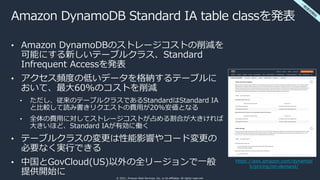 © 2021, Amazon Web Services, Inc. or its affiliates. All rights reserved.
Amazon DynamoDB Standard IA table classを発表
• Ama...