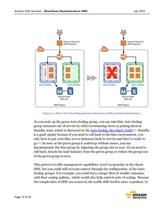 Amazon Web Services – Blue/Green Deployments on AWS July 2016
Page 16 of 35
Figure 5: Blue Auto Scaling group nodes in standby and decommission
As you scale up the green Auto Scaling group, you can take blue Auto Scaling
group instances out of service by either terminating them or putting them in
Standby state, which is discussed in the Auto Scaling Developer Guide.1 3 Standby
is a good option because if you need to roll back to the blue environment, you
only have to put your blue server instances back in service and they're ready to
go.1 4 As soon as the green group is scaled up without issues, you can
decommission the blue group by adjusting the group size to zero. If you need to
roll back, detach the load balancer from the green group or reduce the group size
of the green group to zero.
This pattern’s traffic management capabilities aren’t as granular as the classic
DNS, but you could still exercise control through the configuration of the Auto
Scaling groups. For example, you could have a larger fleet of smaller instances
with finer scaling policies, which would also help control costs of scaling. Because
the complexities of DNS are removed, the traffic shift itself is more expedient. In
 