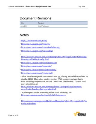 Amazon Web Services – Blue/Green Deployments on AWS July 2016
Page 34 of 35
Document Revisions
Date Revision
June 2015 Initial Publication
Notes
1 https://aws.amazon.com/tools/
2 https://aws.amazon.com/route53/
3 https://aws.amazon.com/elasticloadbalancing/
4 https://aws.amazon.com/autoscaling/
5
http://docs.aws.amazon.com/AutoScaling/latest/DeveloperGuide/AutoScaling
EnteringAndExitingStandby.html
6 https://aws.amazon.com/elasticbeanstalk/
7 https://aws.amazon.com/opsworks/
8 https://aws.amazon.com/cloudformation/
9 https://aws.amazon.com/cloudwatch/
1 0 Alias records are specific to Amazon Route 53, offering extended capabilities to
standard DNS. They act as pointers to other AWS resources such as Elastic
Load Balancing endpoints or Amazon CloudFront distributions. You can read
more about them at
http://docs.aws.amazon.com/Route53/latest/DeveloperGuide/resource-
record-sets-choosing-alias-non-alias.html.
1 1 For best practices for evaluating Elastic Load Balancing, see
http://aws.amazon.com/articles/1636185810492479.
1 2
http://docs.aws.amazon.com/ElasticLoadBalancing/latest/DeveloperGuide/ho
w-elb-works.html
 