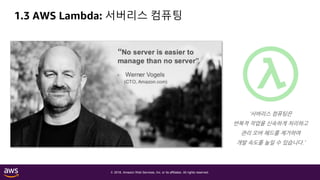 © 2018, Amazon Web Services, Inc. or its affiliates. All rights reserved.
1.3 AWS Lambda: 서버리스 컴퓨팅
‘서버리스 컴퓨팅은
반복적 작업을 신속하게 처리하고
관리 오버 헤드를 제거하여
개발 속도를 높일 수 있습니다.’
 