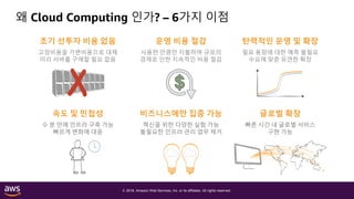 © 2018, Amazon Web Services, Inc. or its affiliates. All rights reserved.
왜 Cloud Computing 인가? – 6가지 이점
탄력적인 운영 및 확장
필요 용량에 대한 예측 불필요
수요에 맞춘 유연한 확장
글로벌 확장
빠른 시간 내 글로벌 서비스
구현 가능
속도 및 민첩성
수 분 만에 인프라 구축 가능
빠르게 변화에 대응
초기 선투자 비용 없음
고정비용을 가변비용으로 대체
미리 서버를 구매할 필요 없음
비즈니스에만 집중 가능
혁신을 위한 다양한 실험 가능
불필요한 인프라 관리 업무 제거
운영 비용 절감
사용한 만큼만 지불하며 규모의
경제로 인한 지속적인 비용 절감
 