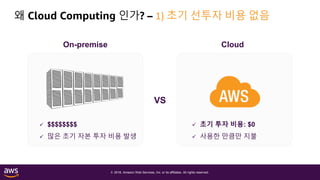 © 2018, Amazon Web Services, Inc. or its affiliates. All rights reserved.
왜 Cloud Computing 인가? – 1) 초기 선투자 비용 없음
On-premise
 초기 투자 비용: $0
 사용한 만큼만 지불
VS
Cloud
 $$$$$$$$
 많은 초기 자본 투자 비용 발생
 