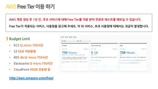 FreeTier이용하기
AWS 계정 생성 후 1년 간, 주요 서비스에 대해 Free Tier를 적용 받아 무료로 테스트를 해보실 수 있습니다.
Free Tier가 적용되는 서비스, 사용량을 참고해 주세요. 이 외 서비스, 초과 사용량에 대해서는 과금이 발생합니다.
http://aws.amazon.com/free/
Budget Limit
• EC2 t2.micro 750시간
• S3 5GB 저장용량
• RDS db.t2 micro 750시간
• Elasticache t2 micro 750시간
• CloudFront 50GB 전송량 등
 