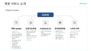 Product Function
챗봇 서비스 소개
ADDIE
• Drag&Drop 방식
대화플로우 구성기능
• UI/UX 기반의 챗봇빌더를
통한 챗봇개발 및 관리기능
• Intent 기반의 FAQ
관리기능
• Rich Message 지원 기능
• 스마트에디터기능
• TTS기반의 음성
자동출력기능
• 카드뷰 생성/선택 기능
• 대화 구간별 암호화 기능
챗봇 Builder
• 딥러닝 기반의 챗봇 엔진
• 딥러닝 기반의 다국어
학습지원
• 대화 응답의 우선순위 기능
• 응답오류에 대한 상황별
강화학습기능
• 단기기억기능
인공지능학습
• OpenAPI 기반의 Web App
연동기능
• 카카오톡,텔레그램,라인등
메신저 연동기능
다양한연계기능
• 스케일 아웃기능을 이용한
서버간편 확장기술
• Active by Active 서버
이중화 기능
• 클라우드 지원
스마트서버
• 챗봇상담 기록기능
• 소비자 패턴분석을 위한
각종 통계기능
• 딥러닝 학습이력관리
• 대량의 학습데이터
업로드,다운로드 기능
관리화면제공
 