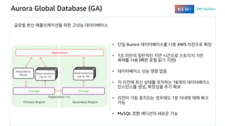 Aurora Global Database (GA)
글로벌 분산 애플리케이션을 위한 고성능 데이터베이스
• 단일 Aurora 데이터베이스를 다중 AWS 리전으로 확장
• 1초 미만의 일반적인 지연 시간으로 스토리지 기반
복제를 사용 (빠른 로컬 읽기 지원)
• 데이터베이스 성능 영향 없음
• 각 리전에 최신 상태를 유지하는 16개의 데이터베이스
인스턴스를 생성, 확장성을 추가 확보
• 리전이 가동 중지되는 경우에도 1분 이내에 재해 복구
가능
• MySQL 호환 에디션의 새로운 기능
Primary Region Secondary Region
Application
Storage Storage
Replication <1s
 
