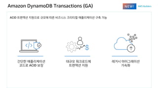 Amazon DynamoDB Transactions (GA)
ACID 트랜잭션 지원으로 규모에 따른 비즈니스 크리티컬 애플리케이션 구축 가능
간단한 애플리케이션
코드로 ACID 보장
대규모 워크로드에
트랜잭션 지원
레거...