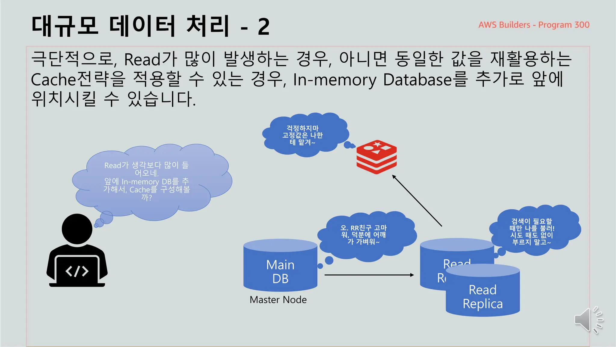 주요 주제
대규모 데이터 처리 - 2
극단적으로, Read가 많이 발생하는 경우, 아니면 동일한 값을 재활용하는
Cache전략을 적용할 수 있는 경우, In-memory Database를 추가로 앞에
위치시킬 수 있습니다.
Read가 생각보다 많이 들
어오네.
앞에 In-memory DB를 추
가해서, Cache를 구성해볼
까?
Master Node
 