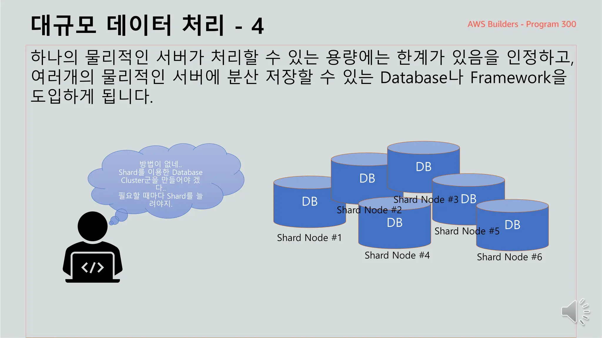 주요 주제
대규모 데이터 처리 - 4
하나의 물리적인 서버가 처리할 수 있는 용량에는 한계가 있음을 인정하고,
여러개의 물리적인 서버에 분산 저장할 수 있는 Database나 Framework을
도입하게 됩니다.
방법이 없네..
Shard를 이용한 Database
Cluster군을 만들어야 겠
다..
필요할 때마다 Shard를 늘
려야지.
Shard Node #1
Shard Node #3
Shard Node #2
Shard Node #5
Shard Node #4 Shard Node #6
 