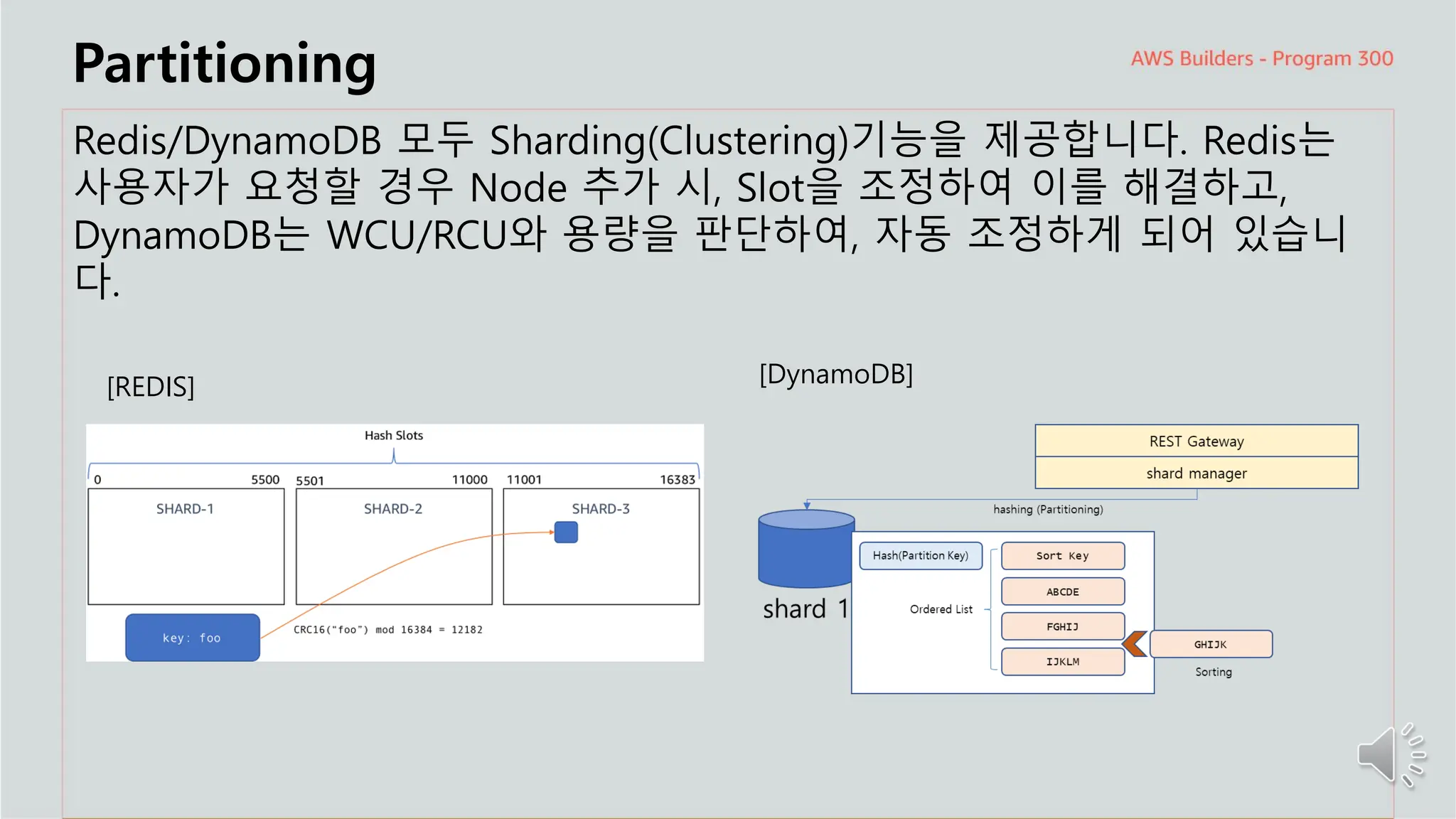 주요 주제
Partitioning
Redis/DynamoDB 모두 Sharding(Clustering)기능을 제공합니다. Redis는
사용자가 요청할 경우 Node 추가 시, Slot을 조정하여 이를 해결하고,
DynamoDB는 WCU/RCU와 용량을 판단하여, 자동 조정하게 되어 있습니
다.
[REDIS] [DynamoDB]
 