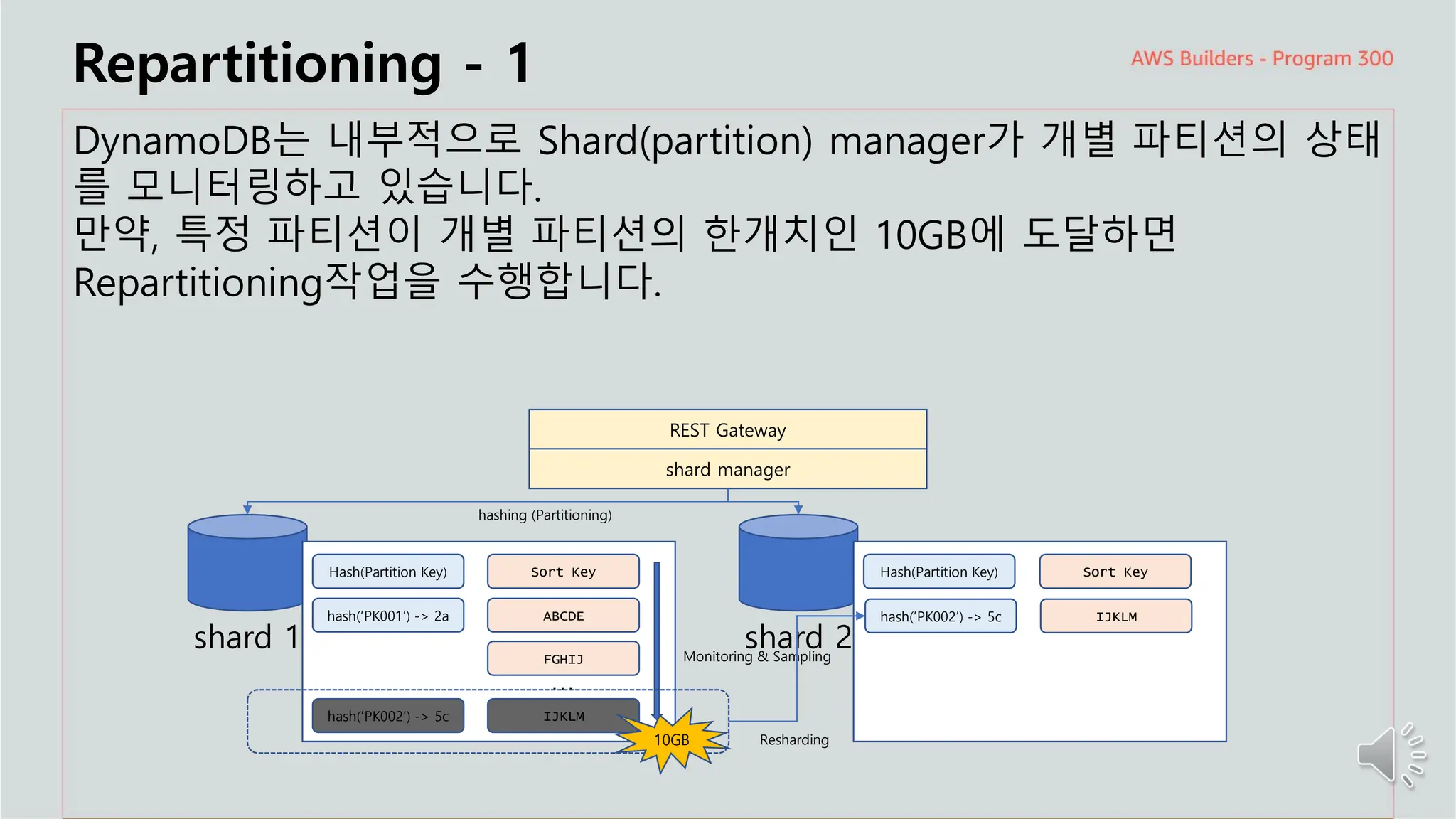 주요 주제
Repartitioning - 1
DynamoDB는 내부적으로 Shard(partition) manager가 개별 파티션의 상태
를 모니터링하고 있습니다.
만약, 특정 파티션이 개별 파티션의 한개치인 10GB에 도달하면
Repartitioning작업을 수행합니다.
Hash(Partition Key)
REST Gateway
shard manager
Sort Key
shard 1
hashing (Partitioning)
Hash(Partition Key) Sort Key
shard 2
ABCDE
FGHIJ
IJKLM
hash(‘PK001’) -> 2a
hash(‘PK002’) -> 5c
...
Monitoring & Sampling
10GB
IJKLM
hash(‘PK002’) -> 5c
Resharding
 