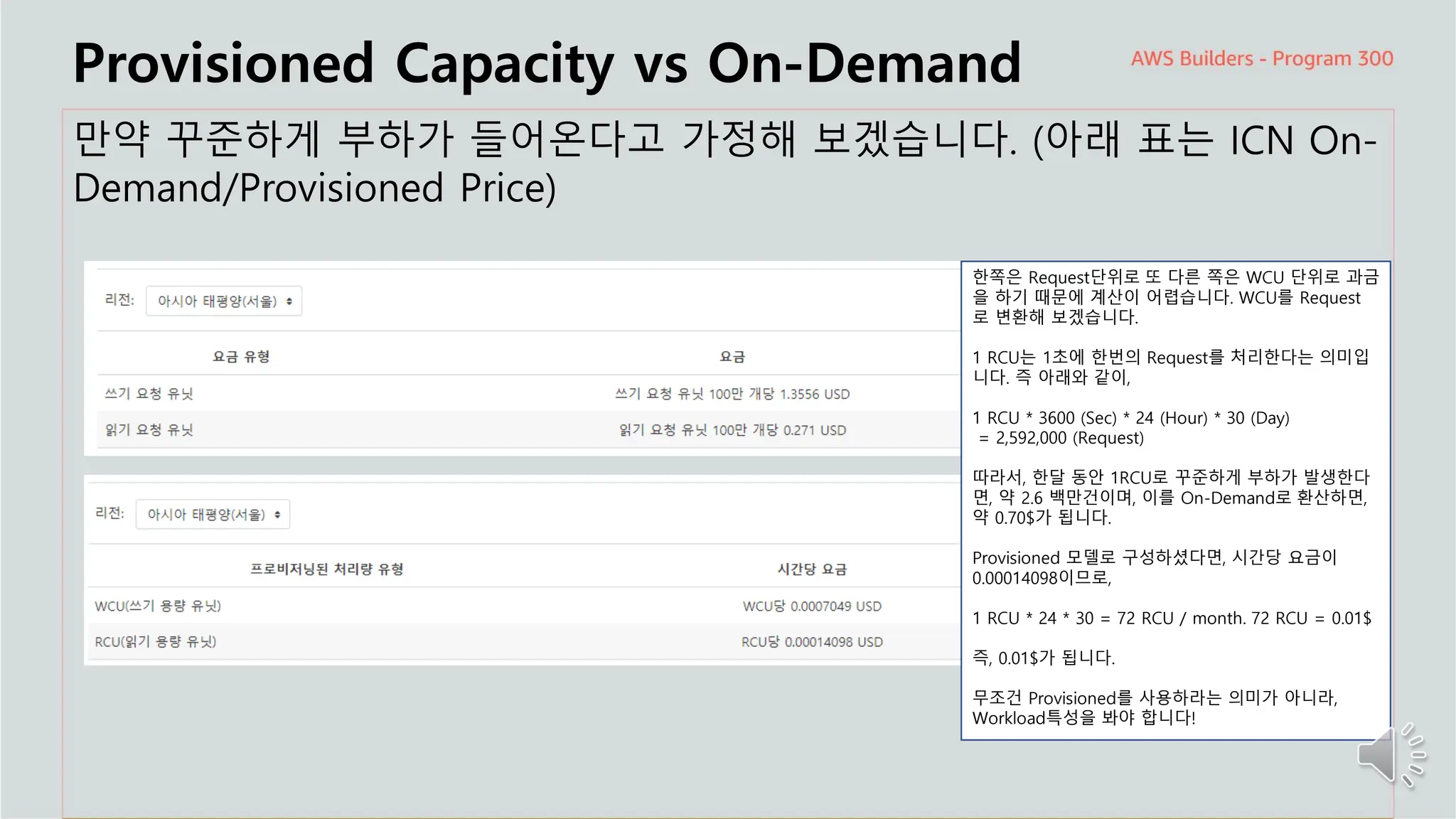 주요 주제
Provisioned Capacity vs On-Demand
만약 꾸준하게 부하가 들어온다고 가정해 보겠습니다. (아래 표는 ICN On-
Demand/Provisioned Price)
한쪽은 Request단위로 또 다른 쪽은 WCU 단위로 과금
을 하기 때문에 계산이 어렵습니다. WCU를 Request
로 변환해 보겠습니다.
1 RCU는 1초에 한번의 Request를 처리한다는 의미입
니다. 즉 아래와 같이,
1 RCU * 3600 (Sec) * 24 (Hour) * 30 (Day)
= 2,592,000 (Request)
따라서, 한달 동안 1RCU로 꾸준하게 부하가 발생한다
면, 약 2.6 백만건이며, 이를 On-Demand로 환산하면,
약 0.70$가 됩니다.
Provisioned 모델로 구성하셨다면, 시간당 요금이
0.00014098이므로,
1 RCU * 24 * 30 = 72 RCU / month. 72 RCU = 0.01$
즉, 0.01$가 됩니다.
무조건 Provisioned를 사용하라는 의미가 아니라,
Workload특성을 봐야 합니다!
 