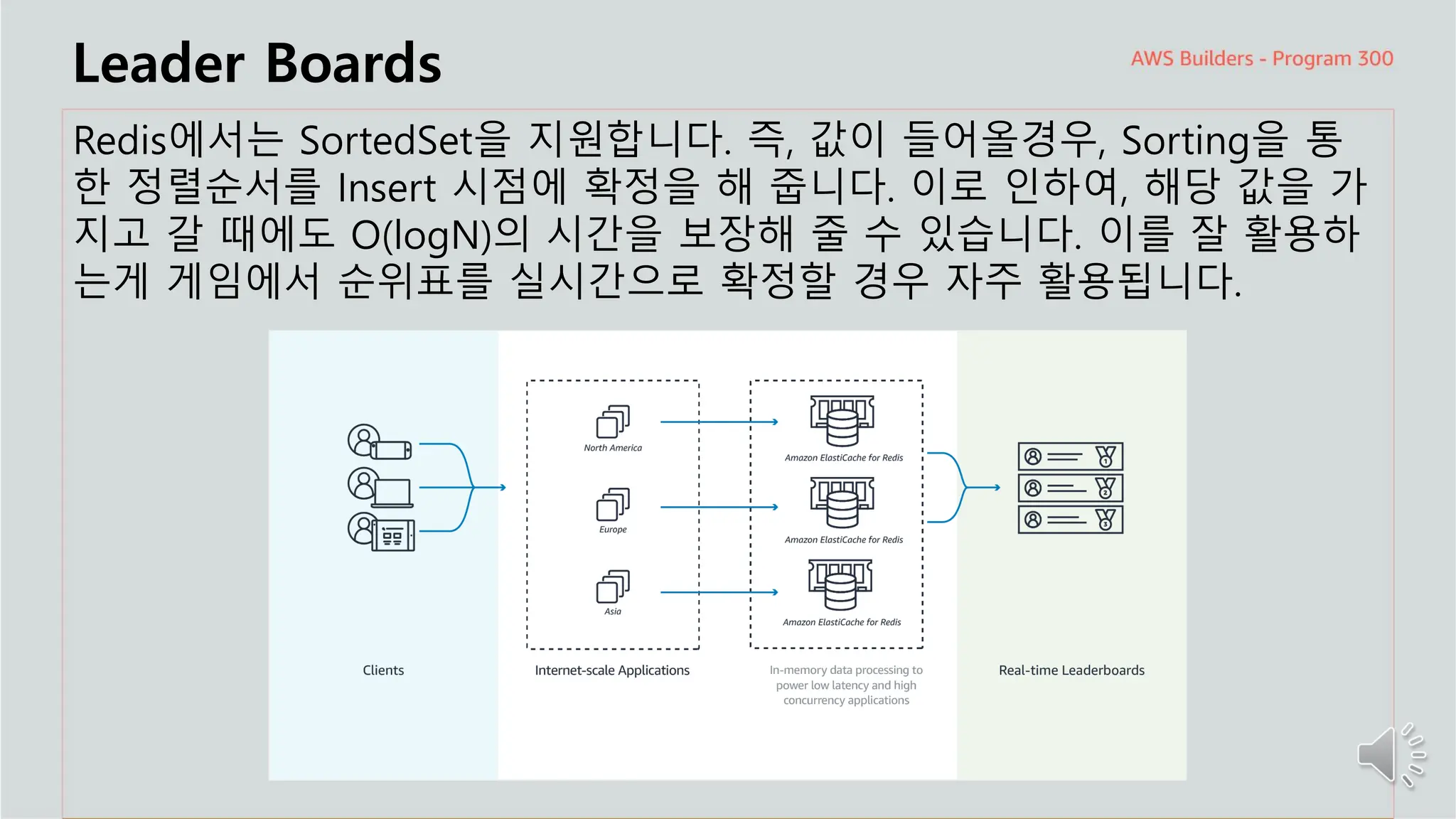 주요 주제
Leader Boards
Redis에서는 SortedSet을 지원합니다. 즉, 값이 들어올경우, Sorting을 통
한 정렬순서를 Insert 시점에 확정을 해 줍니다. 이로 인하여, 해당 값을 가
지고 갈 때에도 O(logN)의 시간을 보장해 줄 수 있습니다. 이를 잘 활용하
는게 게임에서 순위표를 실시간으로 확정할 경우 자주 활용됩니다.
 