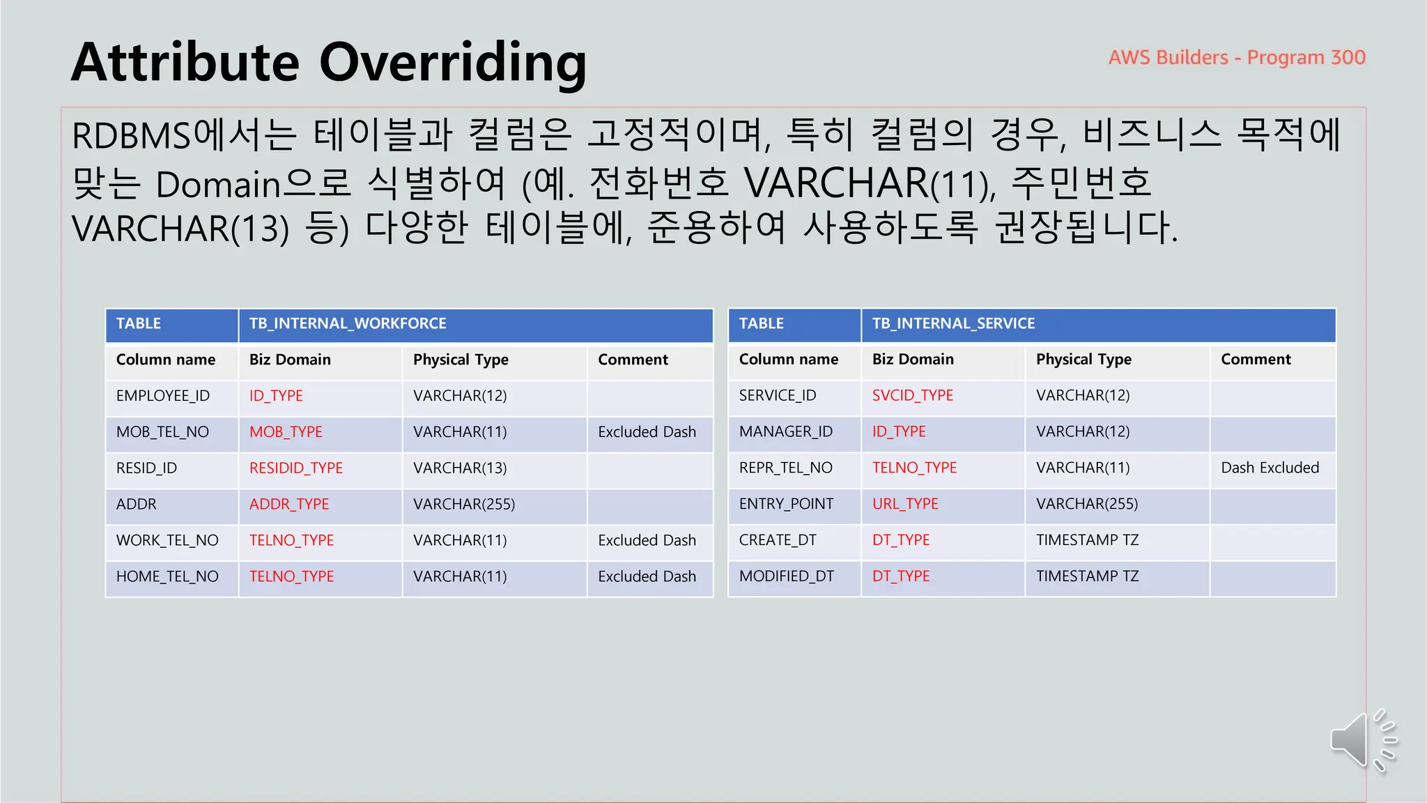 주요 주제
Attribute Overriding
RDBMS에서는 테이블과 컬럼은 고정적이며, 특히 컬럼의 경우, 비즈니스 목적에
맞는 Domain으로 식별하여 (예. 전화번호 VARCHAR(11), 주민번호
VARCHAR(13) 등) 다양한 테이블에, 준용하여 사용하도록 권장됩니다.
TABLE TB_INTERNAL_WORKFORCE
Column name Biz Domain Physical Type Comment
EMPLOYEE_ID ID_TYPE VARCHAR(12)
MOB_TEL_NO MOB_TYPE VARCHAR(11) Excluded Dash
RESID_ID RESIDID_TYPE VARCHAR(13)
ADDR ADDR_TYPE VARCHAR(255)
WORK_TEL_NO TELNO_TYPE VARCHAR(11) Excluded Dash
HOME_TEL_NO TELNO_TYPE VARCHAR(11) Excluded Dash
TABLE TB_INTERNAL_SERVICE
Column name Biz Domain Physical Type Comment
SERVICE_ID SVCID_TYPE VARCHAR(12)
MANAGER_ID ID_TYPE VARCHAR(12)
REPR_TEL_NO TELNO_TYPE VARCHAR(11) Dash Excluded
ENTRY_POINT URL_TYPE VARCHAR(255)
CREATE_DT DT_TYPE TIMESTAMP TZ
MODIFIED_DT DT_TYPE TIMESTAMP TZ
 