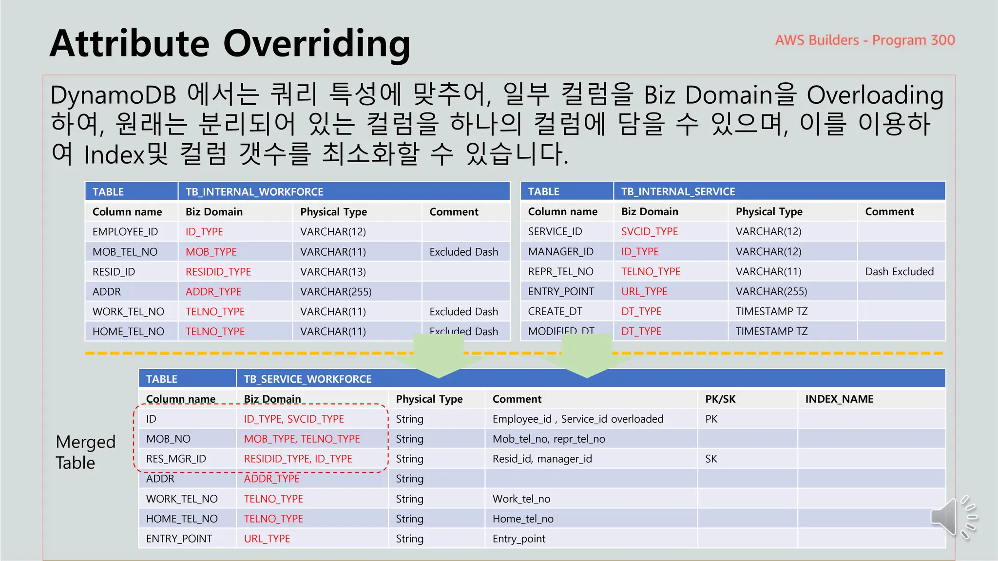 주요 주제
Attribute Overriding
DynamoDB 에서는 쿼리 특성에 맞추어, 일부 컬럼을 Biz Domain을 Overloading
하여, 원래는 분리되어 있는 컬럼을 하나의 컬럼에 담을 수 있으며, 이를 이용하
여 Index및 컬럼 갯수를 최소화할 수 있습니다.
TABLE TB_INTERNAL_WORKFORCE
Column name Biz Domain Physical Type Comment
EMPLOYEE_ID ID_TYPE VARCHAR(12)
MOB_TEL_NO MOB_TYPE VARCHAR(11) Excluded Dash
RESID_ID RESIDID_TYPE VARCHAR(13)
ADDR ADDR_TYPE VARCHAR(255)
WORK_TEL_NO TELNO_TYPE VARCHAR(11) Excluded Dash
HOME_TEL_NO TELNO_TYPE VARCHAR(11) Excluded Dash
TABLE TB_INTERNAL_SERVICE
Column name Biz Domain Physical Type Comment
SERVICE_ID SVCID_TYPE VARCHAR(12)
MANAGER_ID ID_TYPE VARCHAR(12)
REPR_TEL_NO TELNO_TYPE VARCHAR(11) Dash Excluded
ENTRY_POINT URL_TYPE VARCHAR(255)
CREATE_DT DT_TYPE TIMESTAMP TZ
MODIFIED_DT DT_TYPE TIMESTAMP TZ
TABLE TB_SERVICE_WORKFORCE
Column name Biz Domain Physical Type Comment PK/SK INDEX_NAME
ID ID_TYPE, SVCID_TYPE String Employee_id , Service_id overloaded PK
MOB_NO MOB_TYPE, TELNO_TYPE String Mob_tel_no, repr_tel_no
RES_MGR_ID RESIDID_TYPE, ID_TYPE String Resid_id, manager_id SK
ADDR ADDR_TYPE String
WORK_TEL_NO TELNO_TYPE String Work_tel_no
HOME_TEL_NO TELNO_TYPE String Home_tel_no
ENTRY_POINT URL_TYPE String Entry_point
Merged
Table
 