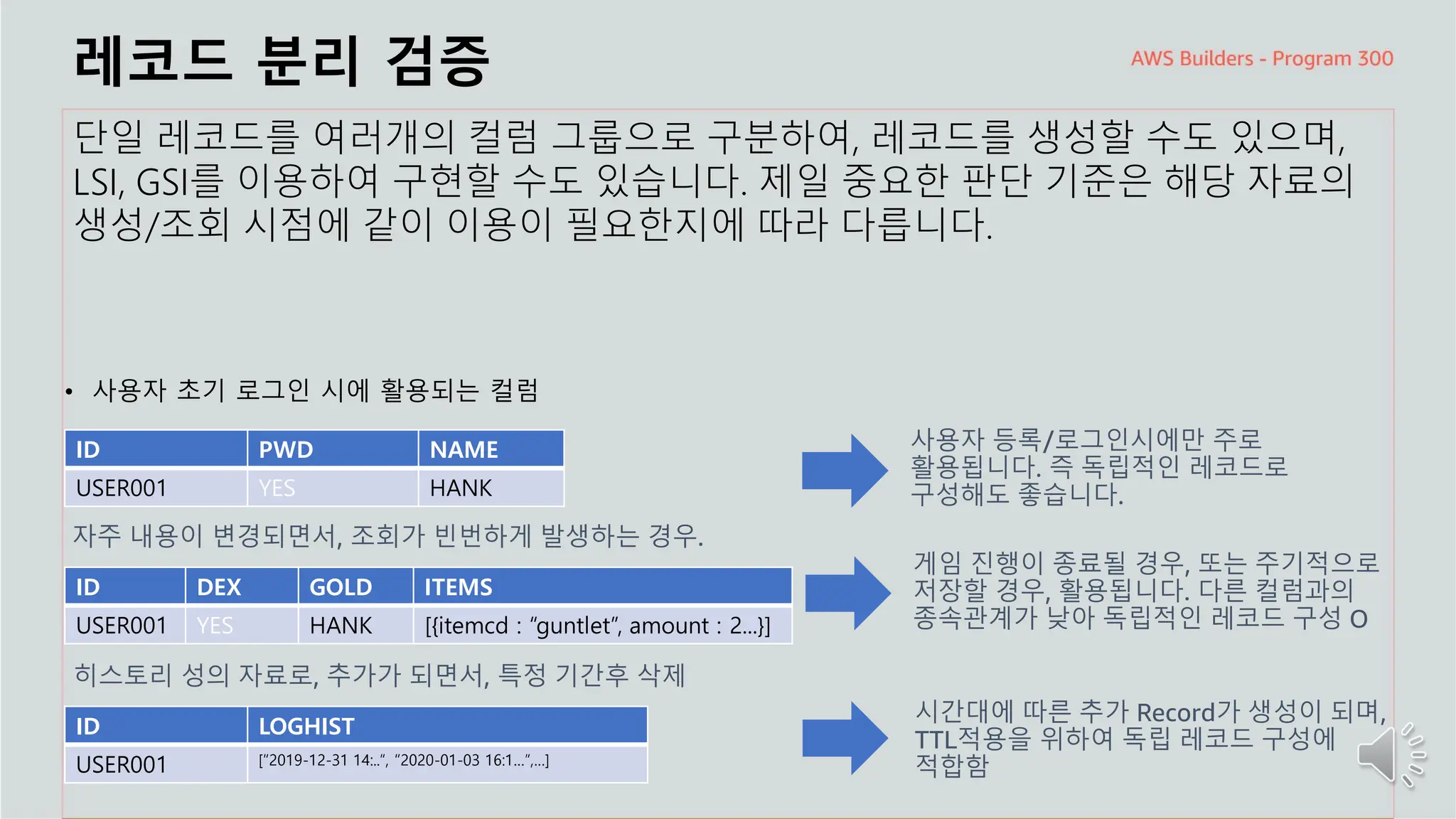 주요 주제
레코드 분리 검증
단일 레코드를 여러개의 컬럼 그룹으로 구분하여, 레코드를 생성할 수도 있으며,
LSI, GSI를 이용하여 구현할 수도 있습니다. 제일 중요한 판단 기준은 해당 자료의
생성/조회 시점에 같이 이용이 필요한지에 따라 다릅니다.
• 사용자 초기 로그인 시에 활용되는 컬럼
ID PWD NAME
USER001 YES HANK
자주 내용이 변경되면서, 조회가 빈번하게 발생하는 경우.
ID DEX GOLD ITEMS
USER001 YES HANK [{itemcd : “guntlet”, amount : 2...}]
히스토리 성의 자료로, 추가가 되면서, 특정 기간후 삭제
ID LOGHIST
USER001 [“2019-12-31 14:..”, “2020-01-03 16:1…”,…]
사용자 등록/로그인시에만 주로
활용됩니다. 즉 독립적인 레코드로
구성해도 좋습니다.
게임 진행이 종료될 경우, 또는 주기적으로
저장할 경우, 활용됩니다. 다른 컬럼과의
종속관계가 낮아 독립적인 레코드 구성 O
시간대에 따른 추가 Record가 생성이 되며,
TTL적용을 위하여 독립 레코드 구성에
적합함
 