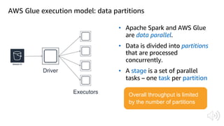AWS Glue execution model: data partitions
• Apache Spark and AWS Glue
are data parallel.
• Data is divided into partitions
that are processed
concurrently.
• A stage is a set of parallel
tasks – one task per partition
Driver
Executors Overall throughput is limited
by the number of partitions
 