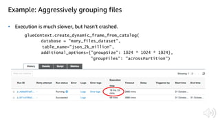 Example: Aggressively grouping files
• Execution is much slower, but hasn't crashed.
"groupFiles": "acrossPartition"
 