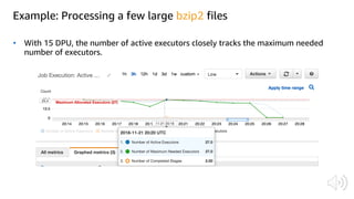 Example: Processing a few large bzip2 files
• With 15 DPU, the number of active executors closely tracks the maximum needed
number of executors.
 