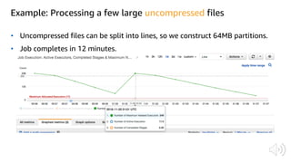 Example: Processing a few large uncompressed files
• Uncompressed files can be split into lines, so we construct 64MB partitions.
• Job completes in 12 minutes.
 