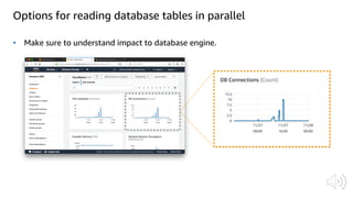 Options for reading database tables in parallel
• Make sure to understand impact to database engine.
 