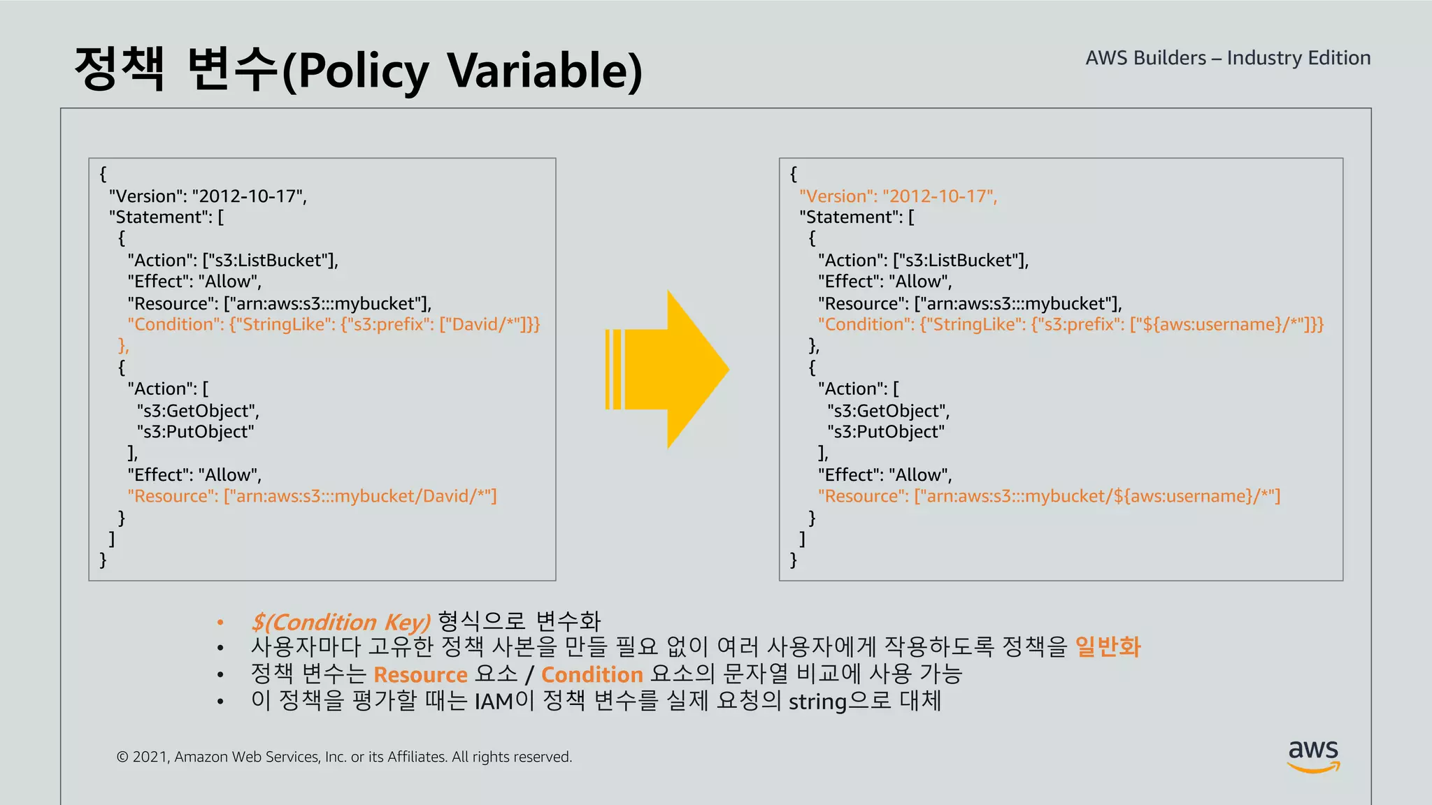 © 2021, Amazon Web Services, Inc. or its Affiliates. All rights reserved.
정책 변수(Policy Variable)
{
"Version": "2012-10-17",
"Statement": [
{
"Action": ["s3:ListBucket"],
"Effect": "Allow",
"Resource": ["arn:aws:s3:::mybucket"],
"Condition": {"StringLike": {"s3:prefix": ["David/*"]}}
},
{
"Action": [
"s3:GetObject",
"s3:PutObject"
],
"Effect": "Allow",
"Resource": ["arn:aws:s3:::mybucket/David/*"]
}
]
}
{
"Version": "2012-10-17",
"Statement": [
{
"Action": ["s3:ListBucket"],
"Effect": "Allow",
"Resource": ["arn:aws:s3:::mybucket"],
"Condition": {"StringLike": {"s3:prefix": ["${aws:username}/*"]}}
},
{
"Action": [
"s3:GetObject",
"s3:PutObject"
],
"Effect": "Allow",
"Resource": ["arn:aws:s3:::mybucket/${aws:username}/*"]
}
]
}
• $(Condition Key) 형식으로 변수화
• 사용자마다 고유한 정책 사본을 만들 필요 없이 여러 사용자에게 작용하도록 정책을 일반화
• 정책 변수는 Resource 요소 / Condition 요소의 문자열 비교에 사용 가능
• 이 정책을 평가할 때는 IAM이 정책 변수를 실제 요청의 string으로 대체
 