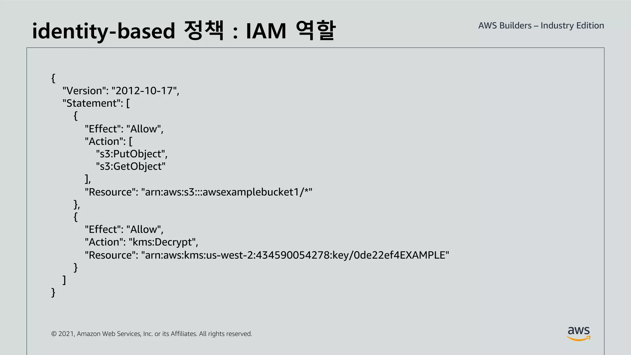 © 2021, Amazon Web Services, Inc. or its Affiliates. All rights reserved.
{
"Version": "2012-10-17",
"Statement": [
{
"Effect": "Allow",
"Action": [
"s3:PutObject",
"s3:GetObject"
],
"Resource": "arn:aws:s3:::awsexamplebucket1/*"
},
{
"Effect": "Allow",
"Action": "kms:Decrypt",
"Resource": "arn:aws:kms:us-west-2:434590054278:key/0de22ef4EXAMPLE"
}
]
}
identity-based 정책 : IAM 역할
 