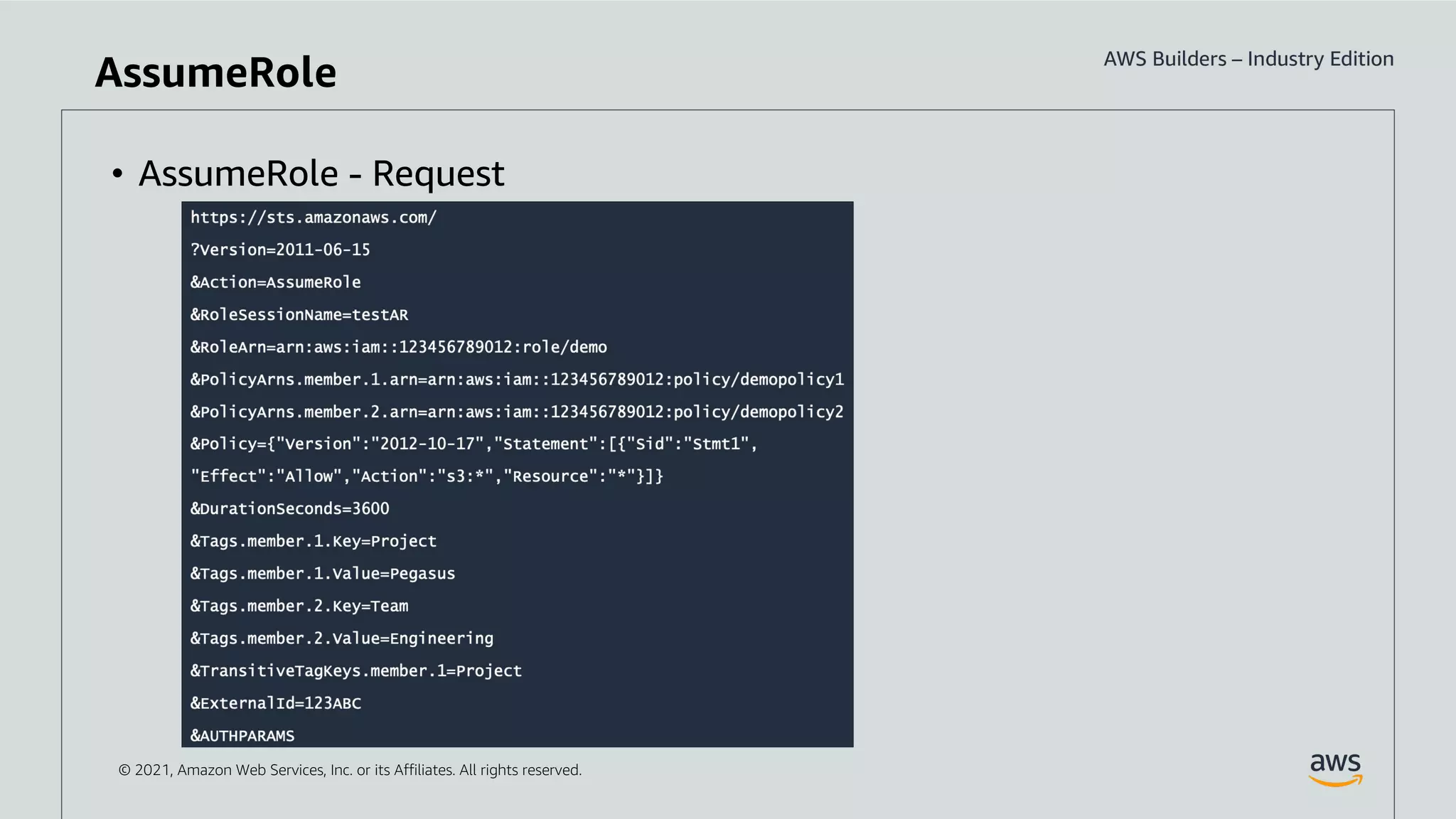 © 2021, Amazon Web Services, Inc. or its Affiliates. All rights reserved.
• AssumeRole - Request
AssumeRole
 