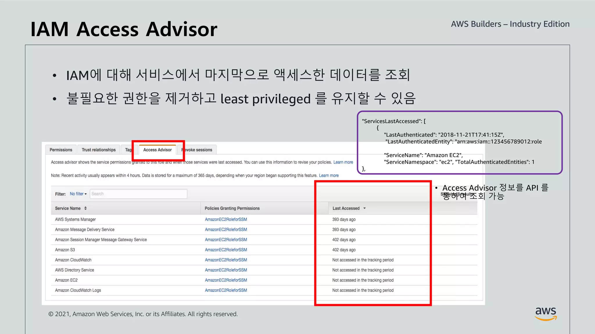 © 2021, Amazon Web Services, Inc. or its Affiliates. All rights reserved.
• IAM에 대해 서비스에서 마지막으로 액세스한 데이터를 조회
• 불필요한 권한을 제거하고 least privileged 를 유지할 수 있음
"ServicesLastAccessed": [
{
"LastAuthenticated": "2018-11-21T17:41:15Z",
"LastAuthenticatedEntity": "arn:aws:iam::123456789012:role
"ServiceName": "Amazon EC2",
"ServiceNamespace": "ec2", "TotalAuthenticatedEntities": 1
},
IAM Access Advisor
 