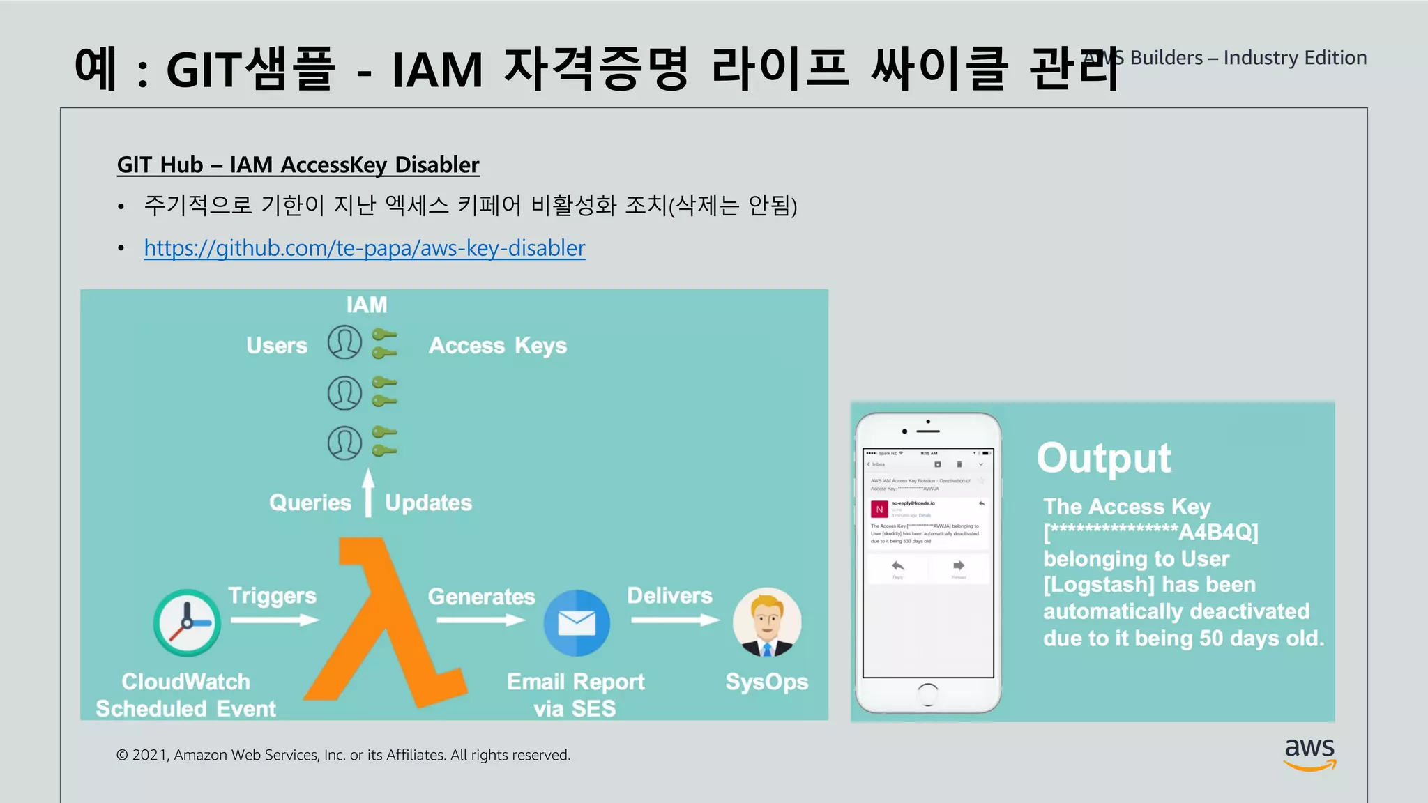 © 2021, Amazon Web Services, Inc. or its Affiliates. All rights reserved.
GIT Hub – IAM AccessKey Disabler
• 주기적으로 기한이 지난 엑세스 키페어 비활성화 조치(삭제는 안됨)
• https://github.com/te-papa/aws-key-disabler
예 : GIT샘플 - IAM 자격증명 라이프 싸이클 관리
 