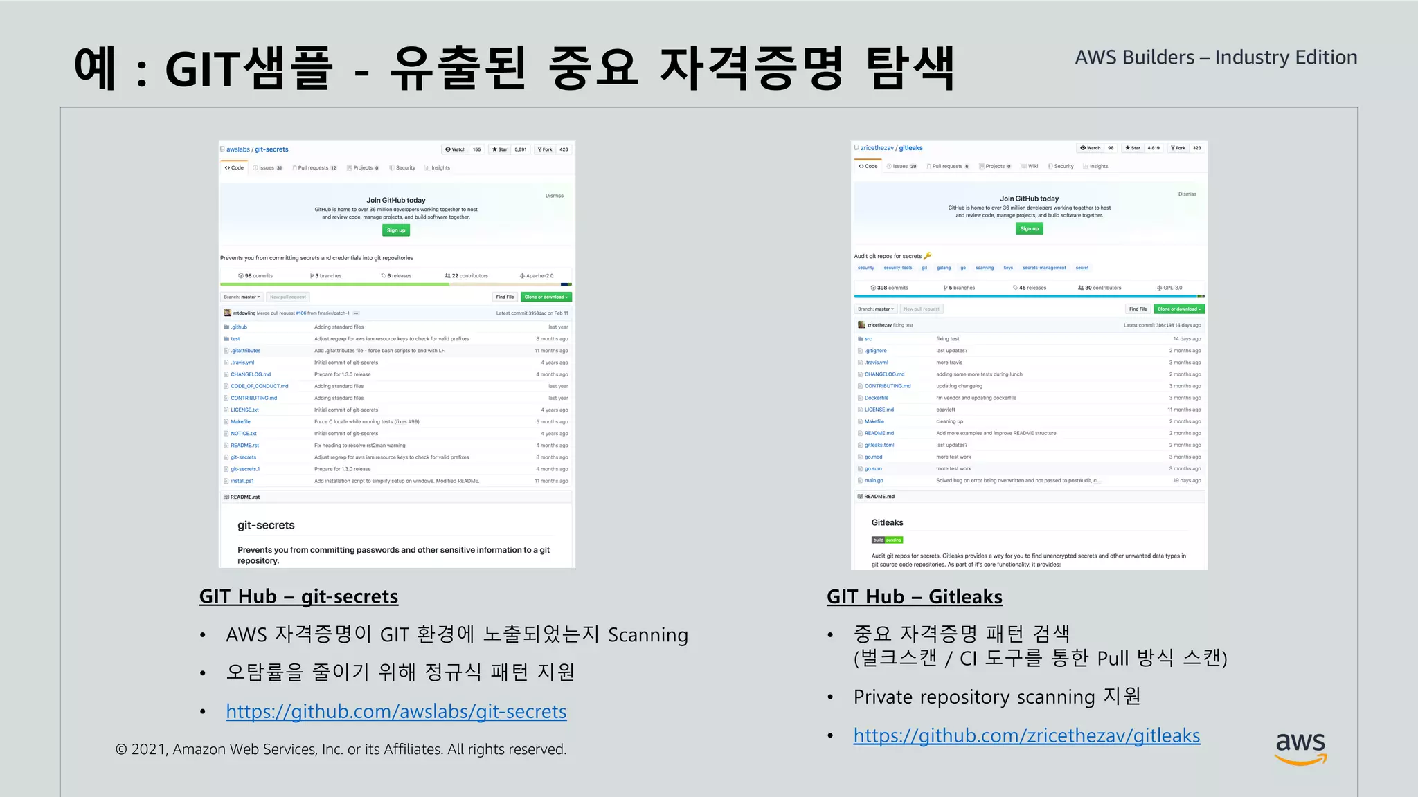 © 2021, Amazon Web Services, Inc. or its Affiliates. All rights reserved.
GIT Hub – git-secrets
• AWS 자격증명이 GIT 환경에 노출되었는지 Scanning
• 오탐률을 줄이기 위해 정규식 패턴 지원
• https://github.com/awslabs/git-secrets
GIT Hub – Gitleaks
• 중요 자격증명 패턴 검색
(벌크스캔 / CI 도구를 통한 Pull 방식 스캔)
• Private repository scanning 지원
• https://github.com/zricethezav/gitleaks
예 : GIT샘플 - 유출된 중요 자격증명 탐색
 
